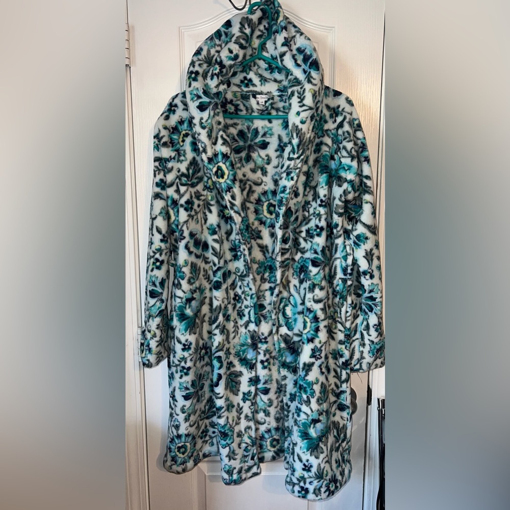 Vera Bradley Plush Hooded Robe Blue Floral Cozy Bathrobe Size S/M